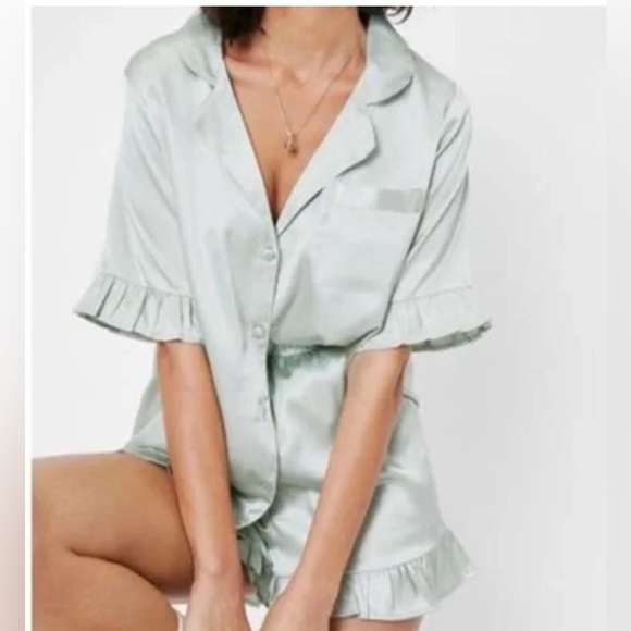Nasty Gal Satin Ruffle Pajama Set Mint Green Button-Up Top & Shorts - Picture 2 of 11